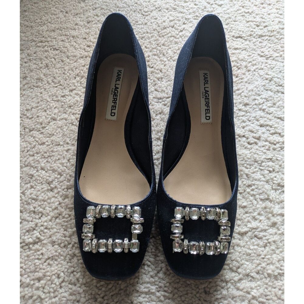 Karl Lagerfeld Satin Rhinestone Navy Blue Block Heel Sz 8.5